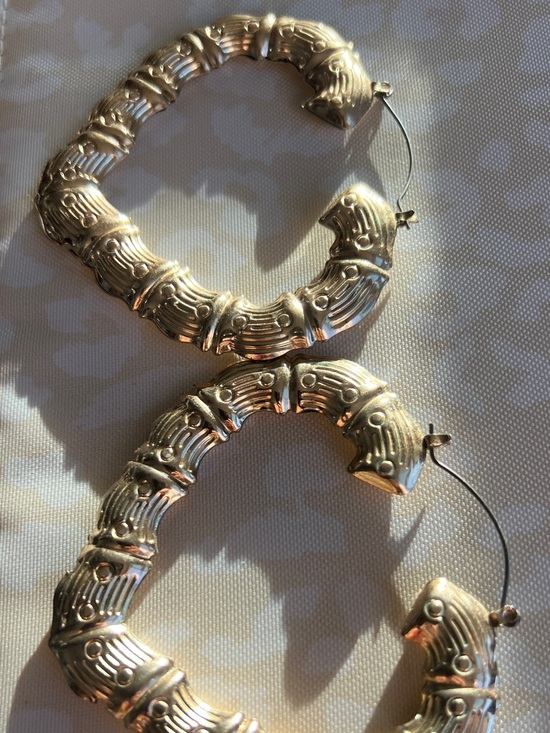 None Jewelry - Gold Textured Bamboo-Style Hoop Earrings - Women Jewelry